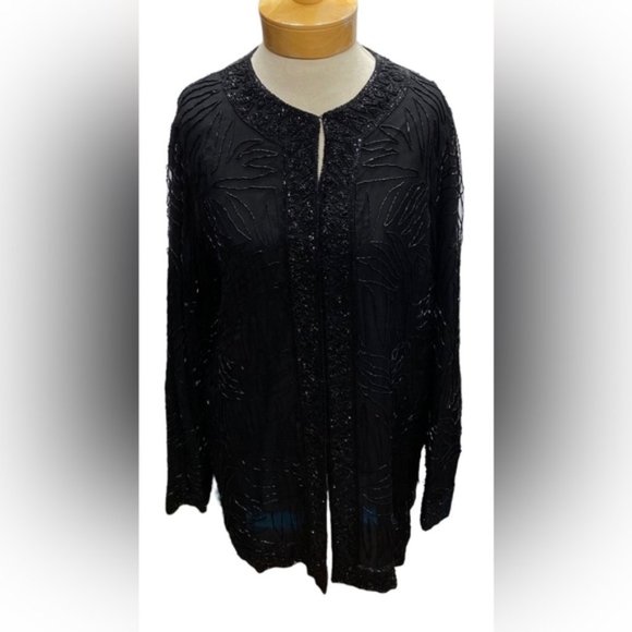 Vintage Brilliante By JA Beaded Jacket 1990s Black Large Shell 100% Silk Elegant
